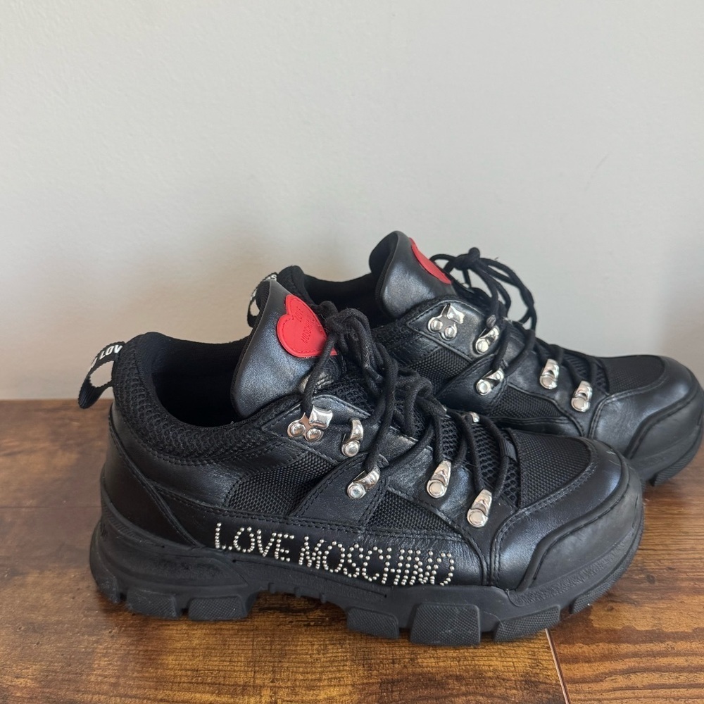 Preloved Love Moschino Black Sneakers with Red Accents Size 39 or 8.5